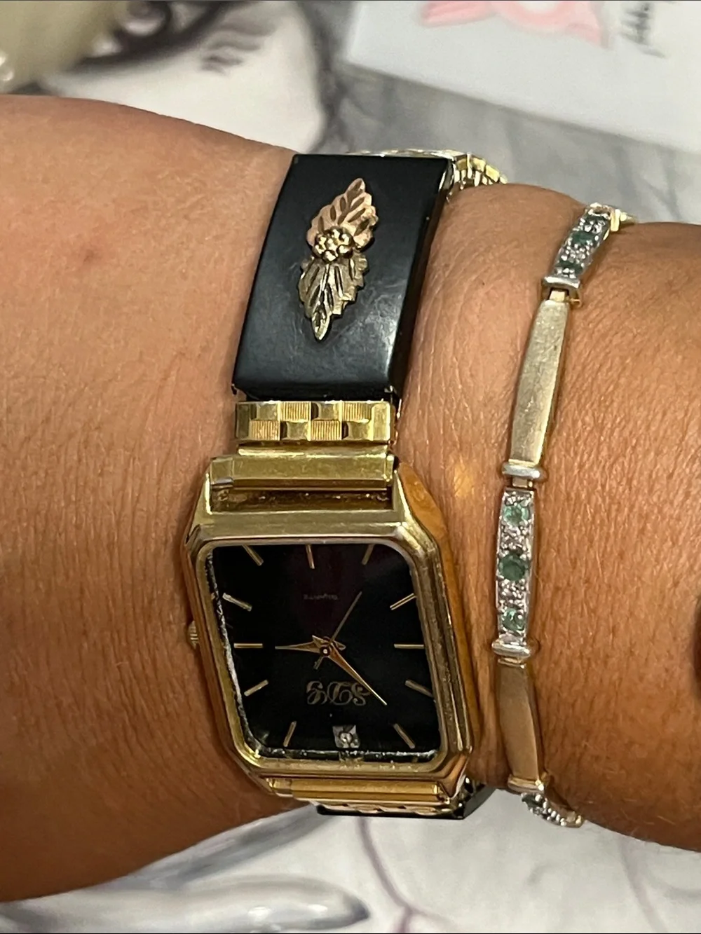 Gold-Tone Women's Watch with Black Dial and Black Bracelet Accent